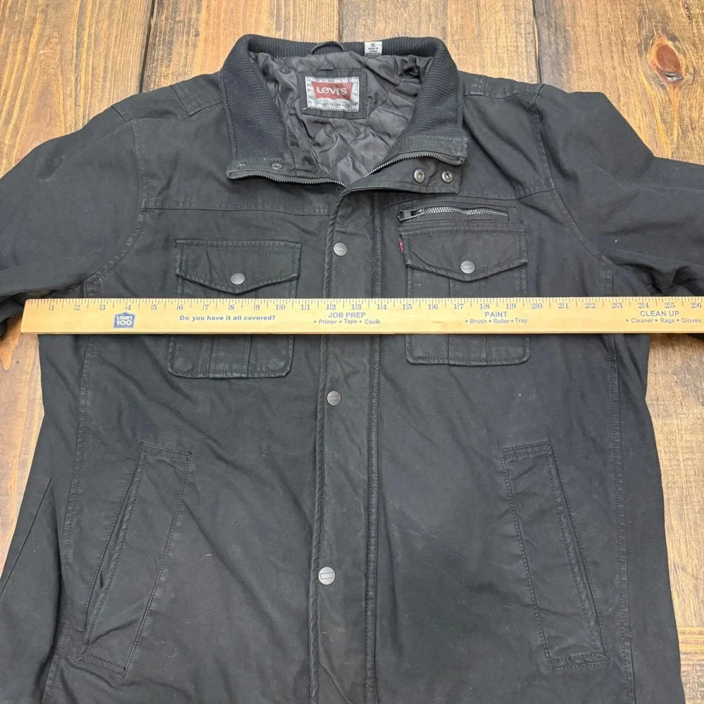 Levis Mens Black Canvas Quilted Field Jacket XL Full‎ Zip Snap utility, pockets